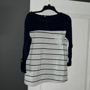 Navy and white stripe top with lace pocket